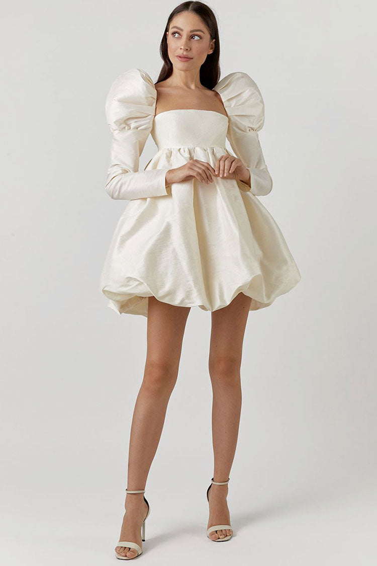 Maribel | Silky Satin Babydoll Mini Dress with Square Neck & Puff Sleeves