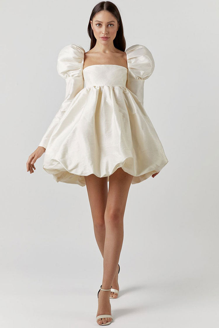 Maribel | Silky Satin Babydoll Mini Dress with Square Neck & Puff Sleeves