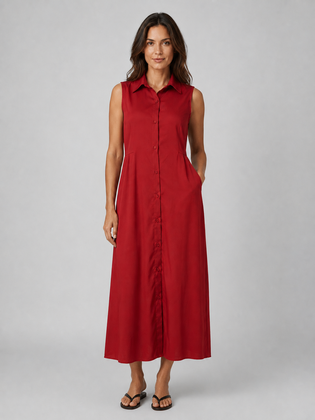 Woman wearing red sleeveless button-front maxi shirt dress with collar and pockets, styled with black sandals