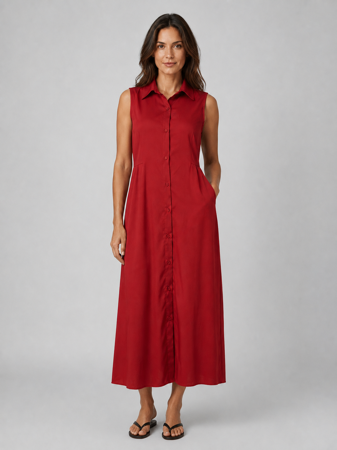Woman wearing red sleeveless button-front maxi shirt dress with collar and pockets, styled with black sandals