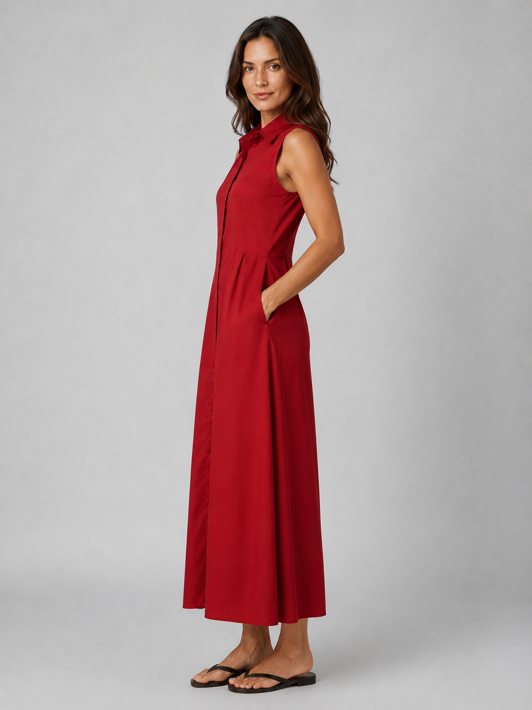 Woman wearing red sleeveless button-front maxi shirt dress with pockets, standing against gray background