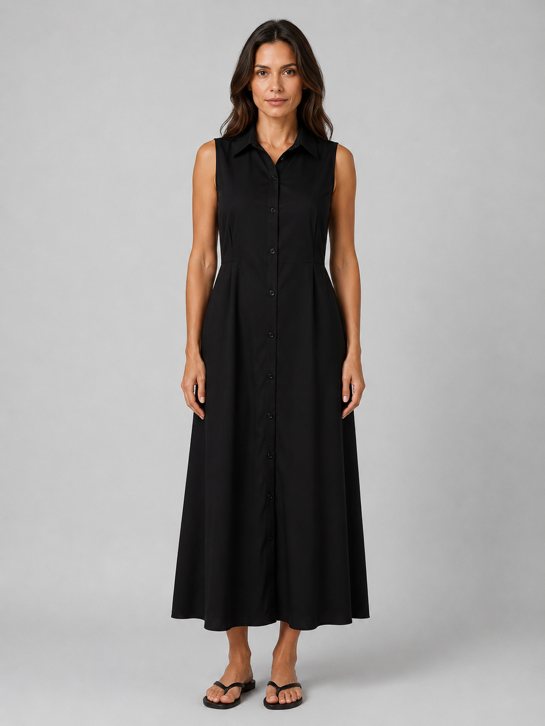 Black sleeveless button-front maxi shirt dress with collar, worn by woman with dark hair and black sandals on gray background