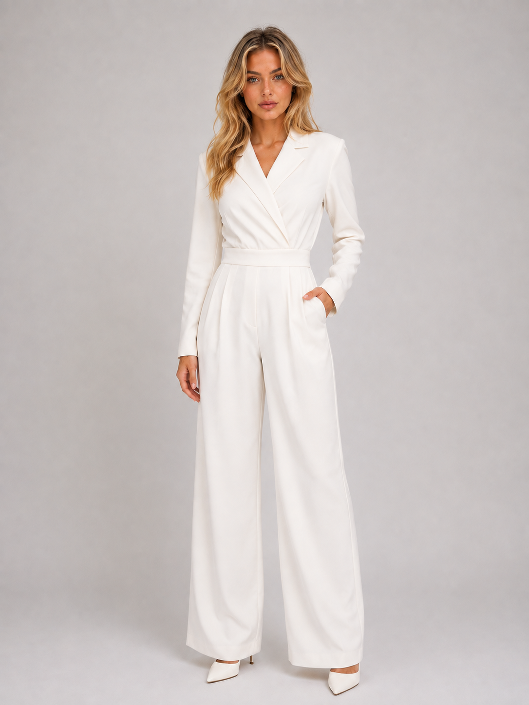 Woman wearing white belted wrap front wide leg jumpsuit with long sleeves and white pointed toe heels