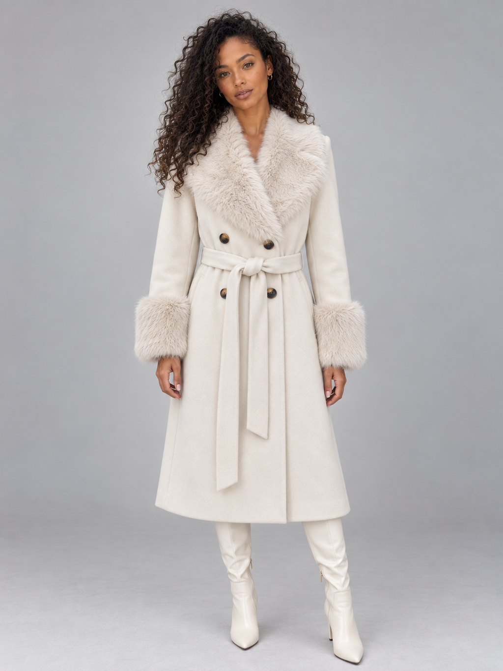 Woman wearing cream long winter coat with faux fur collar, double-breasted buttons, belt tie, and matching white knee-high boots
