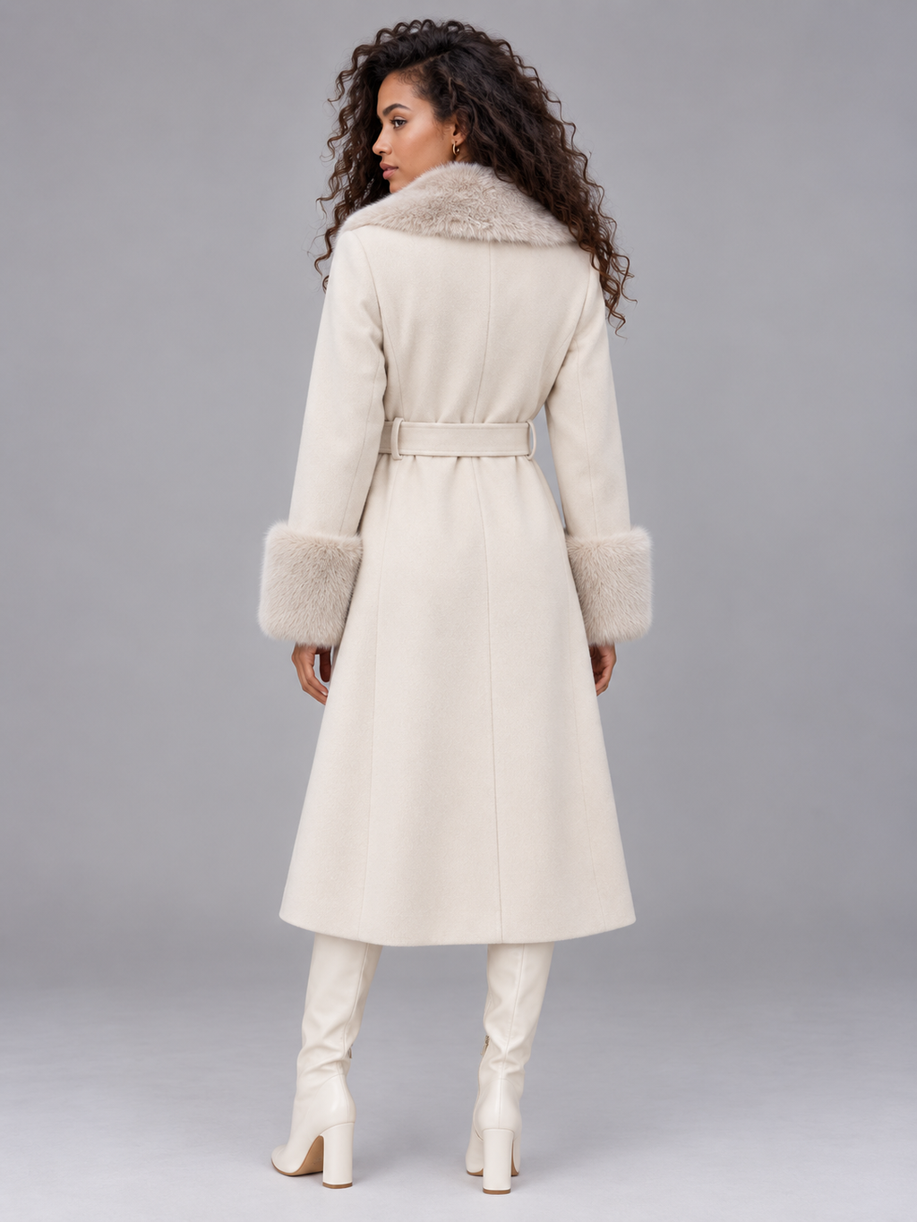 Woman wearing cream long winter coat with faux fur collar and cuffs, belted waist, paired with white boots, shown from behind