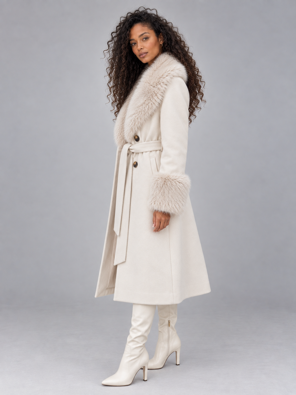Woman wearing cream long winter coat with faux fur collar and cuffs, belt detail, paired with white knee-high boots