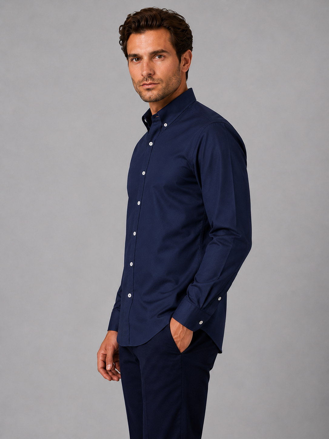 Man wearing navy blue long sleeve button-down collar smart casual shirt with white buttons, paired with dark trousers
