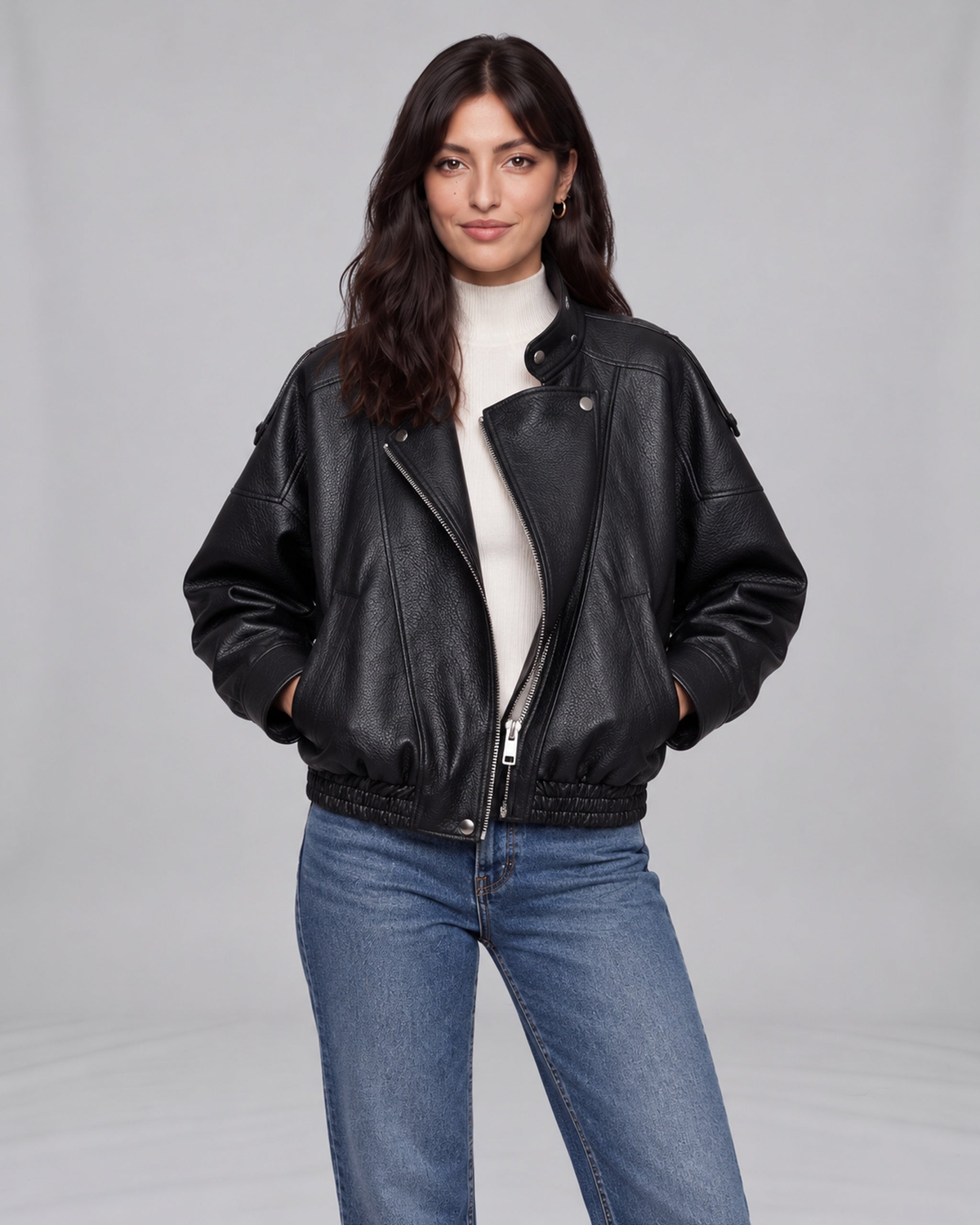 Black pebbled leather jacket, Jasmine open front