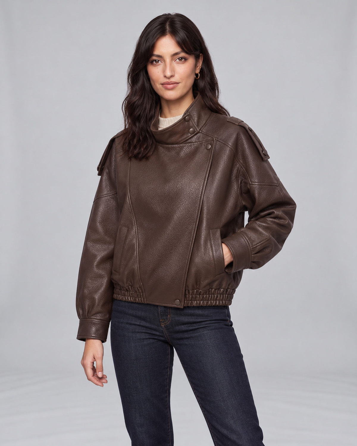 Chocolate pebbled leather jacket, Jasmine angled front