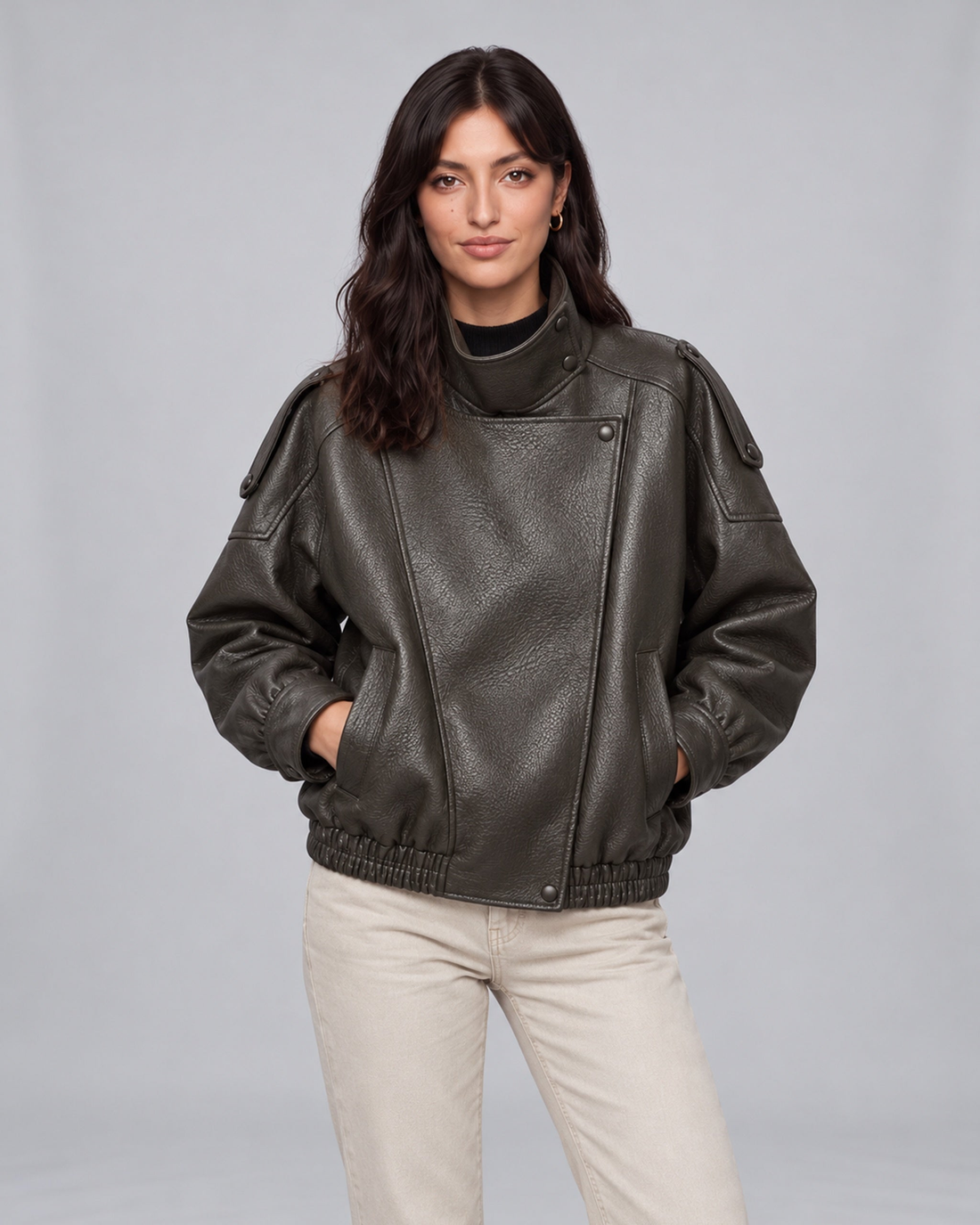 Gray pebbled leather jacket, Jasmine both hands in pockets
