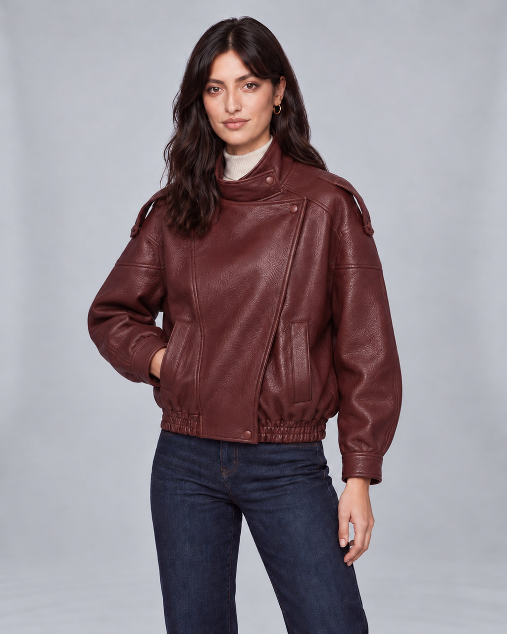 Wine Red pebbled leather jacket, Jasmine one hand in pocket