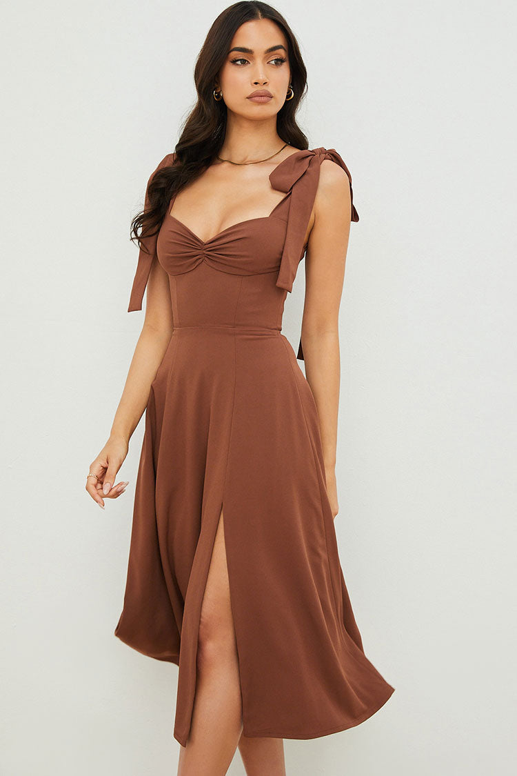 Liora | Tie Strap Fit & Flare High Slit Slip Dress - Mocha