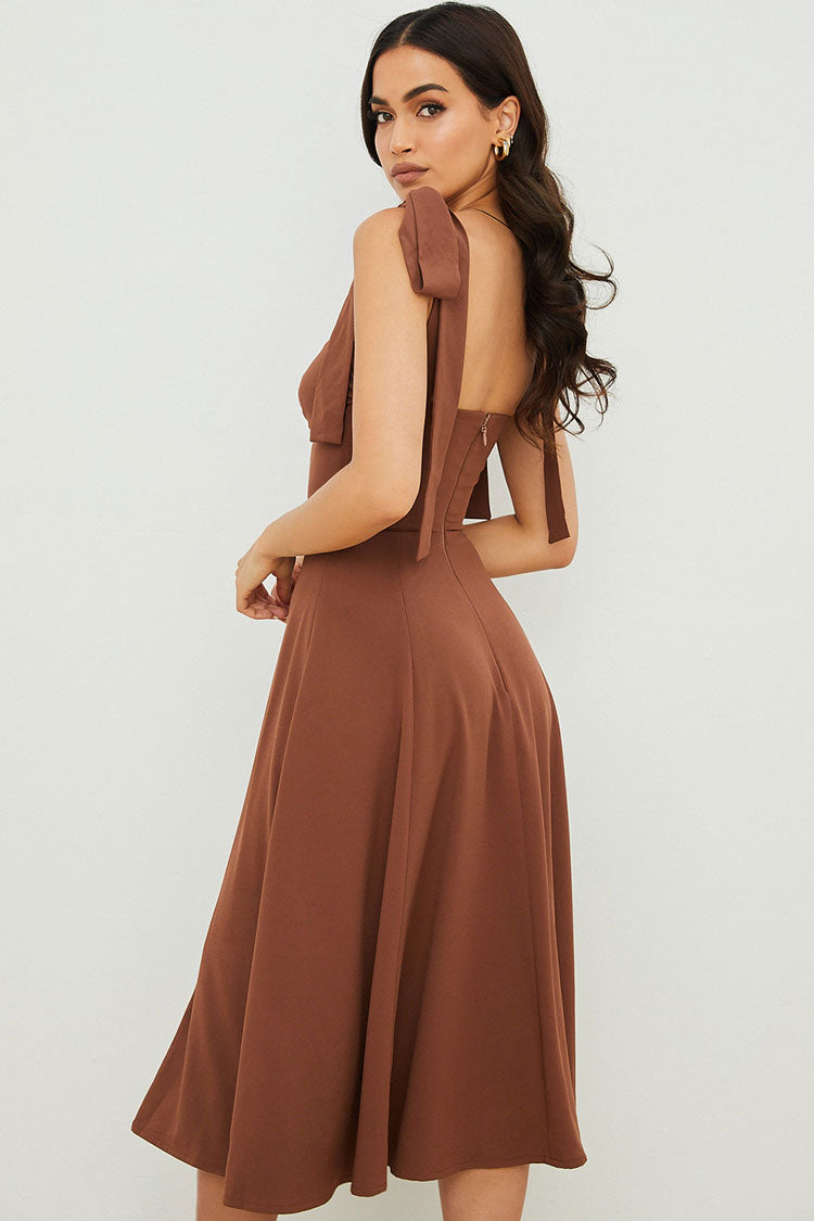 Liora | Tie Strap Fit & Flare High Slit Slip Dress - Mocha