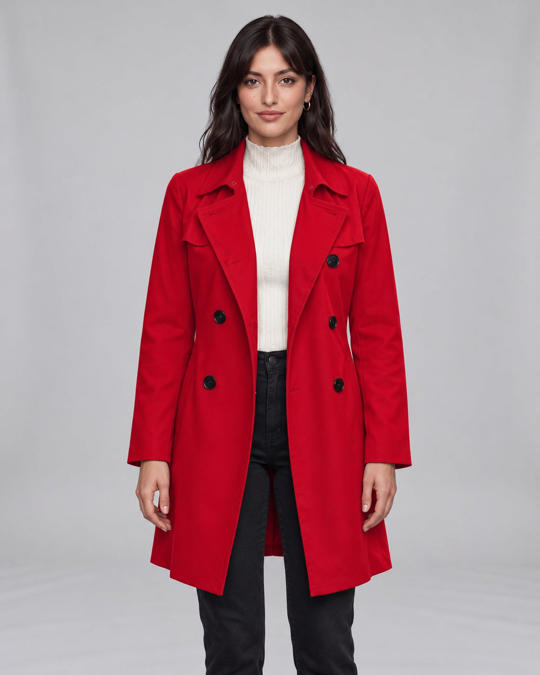 Jasmine wearing women’s red trench coat, Urban Devyne saved studio backdrop
