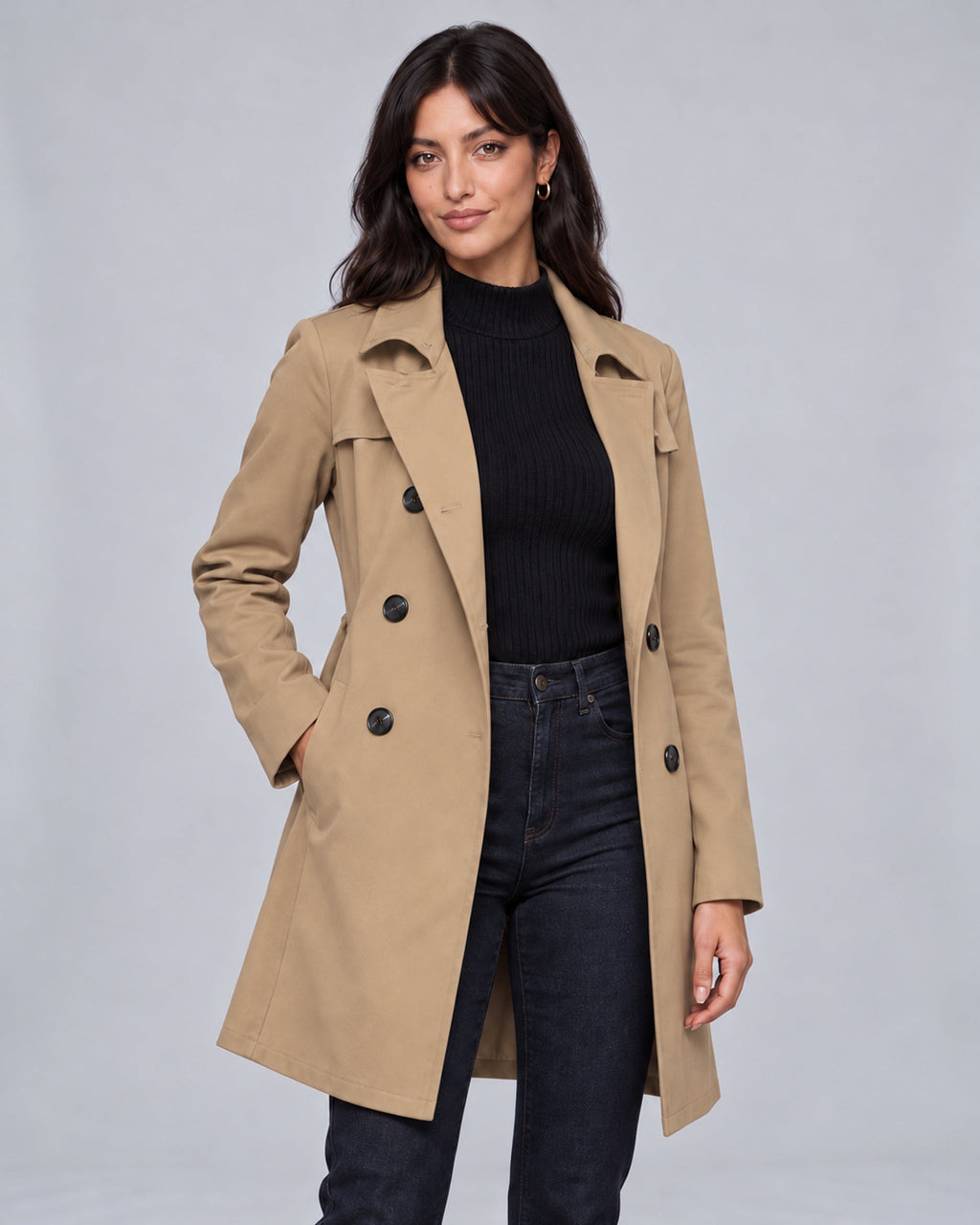 Jasmine wearing Caramel double-breasted trench coat with corrected three-button-per-side layout, front view, Urban Devyne studio