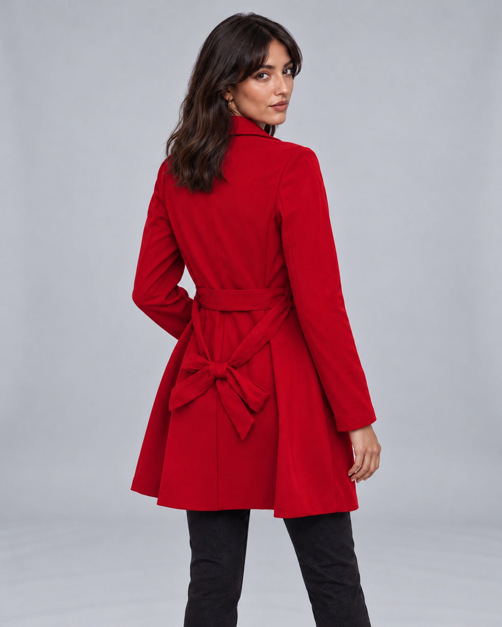 Jasmine wearing red double-breasted trench coat, back view with consistent hair length, Urban Devyne studio