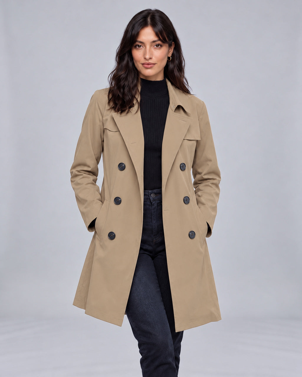 Jasmine wearing Caramel double-breasted trench coat with corrected three-button-per-side layout, both hands in pockets, Urban Devyne studio