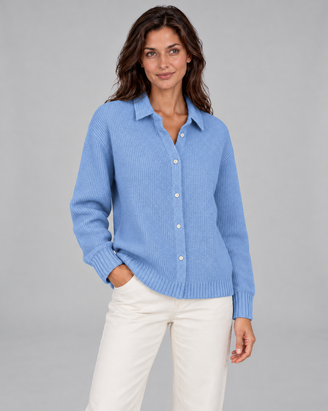 Women's Elegant Knitted Winter Cardigan with Collar and Buttons – Blue, front angle view