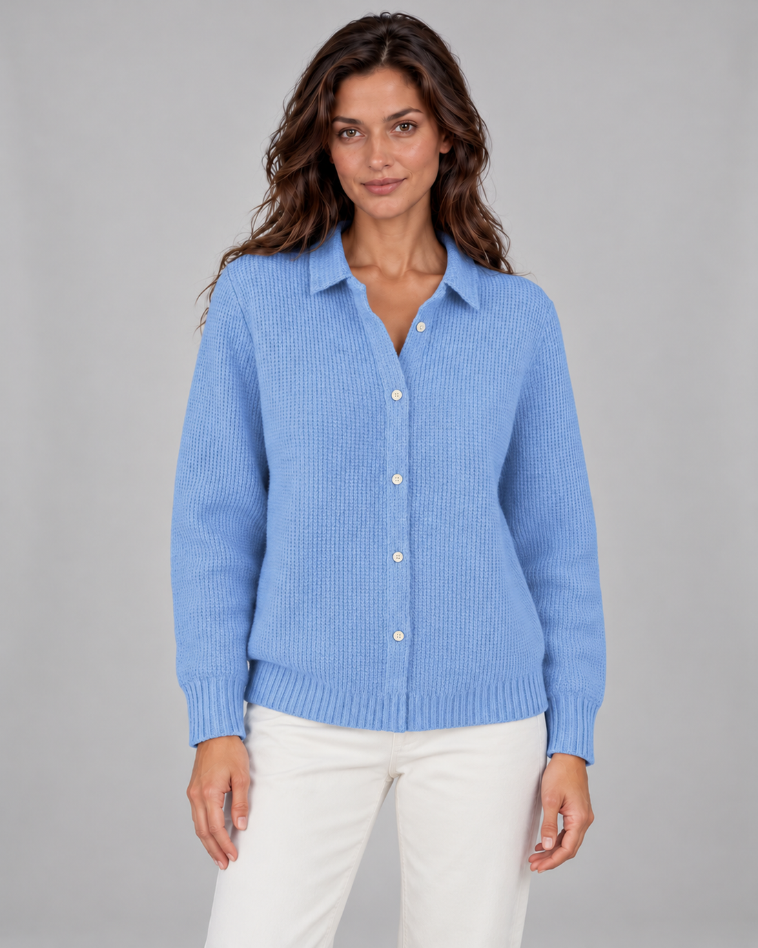 Women's Elegant Knitted Winter Cardigan with Collar and Buttons – Blue, front view