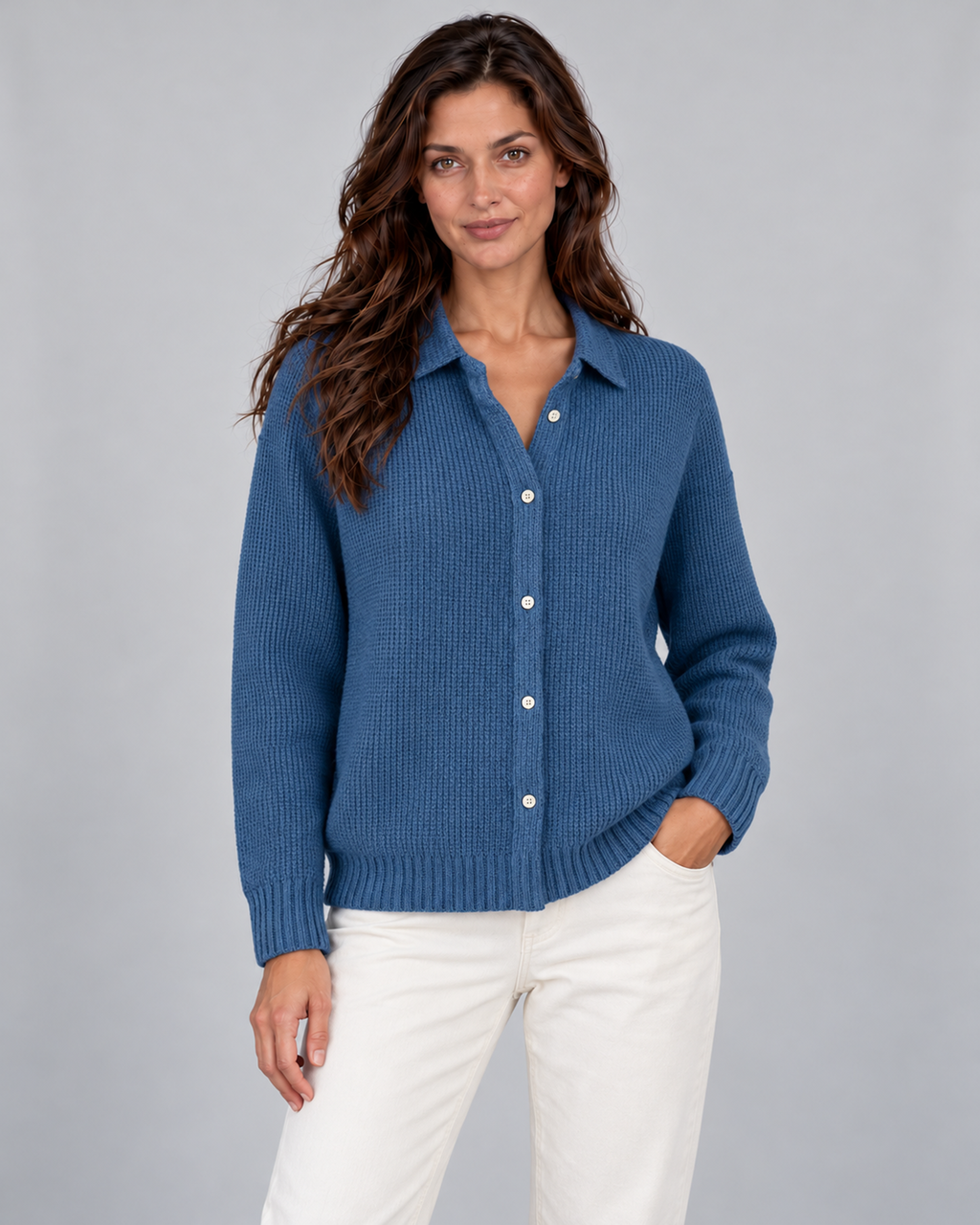 Women's Elegant Knitted Winter Cardigan with Collar and Buttons – Dark Blue, front view