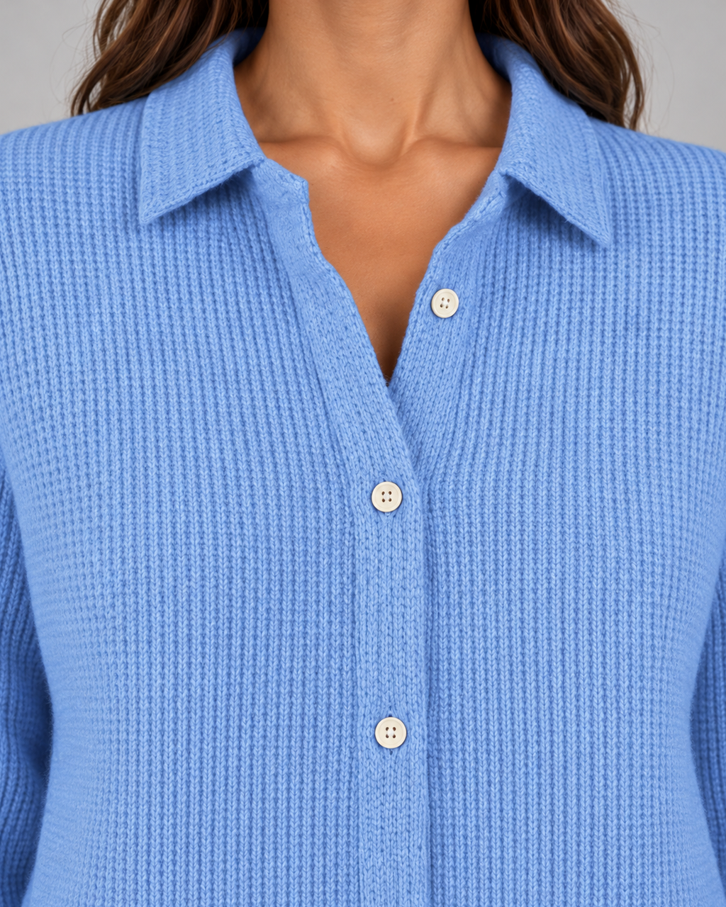 Women's Elegant Knitted Winter Cardigan with Collar and Buttons – Blue, dedicated collar, knit and button close-up