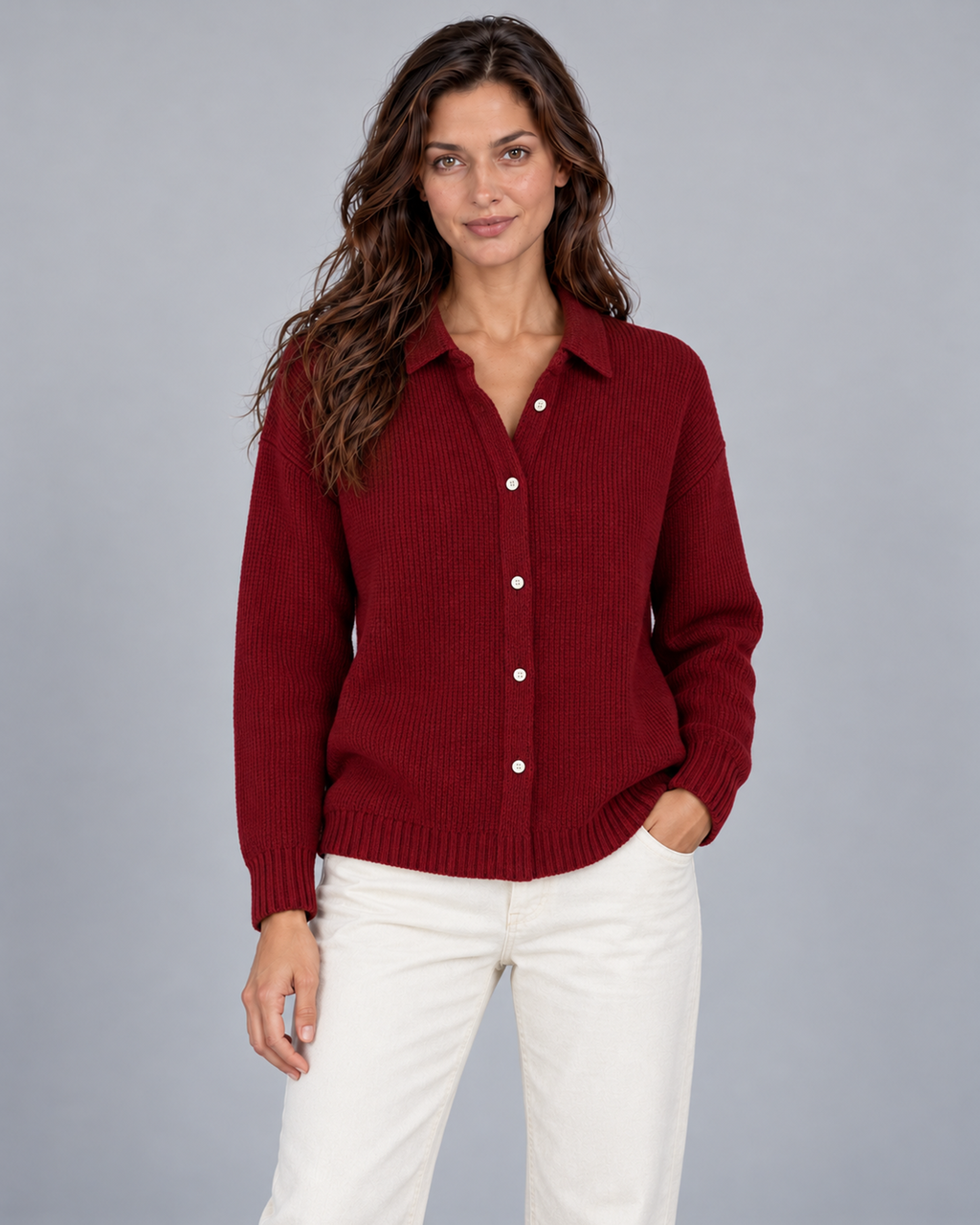 Women's Elegant Knitted Winter Cardigan with Collar and Buttons – Red, front view