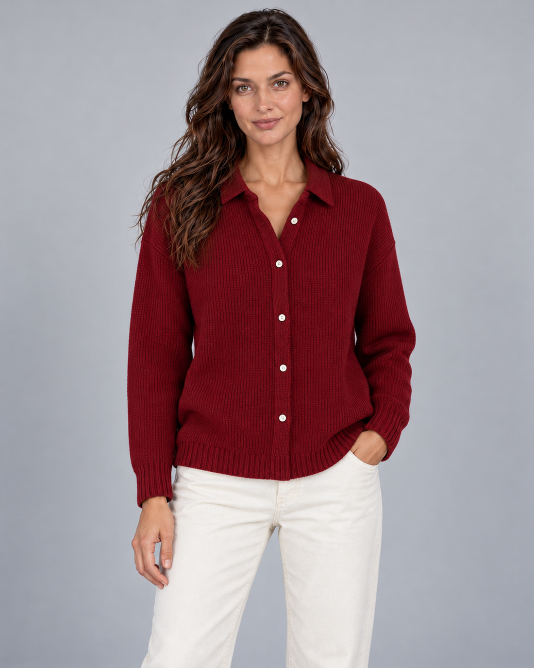 Women's Elegant Knitted Winter Cardigan with Collar and Buttons – Red, front view