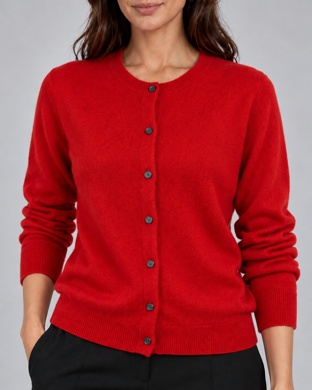 Red women's Merino cardigan, round neckline, button fastening and fine knit detail, grey studio