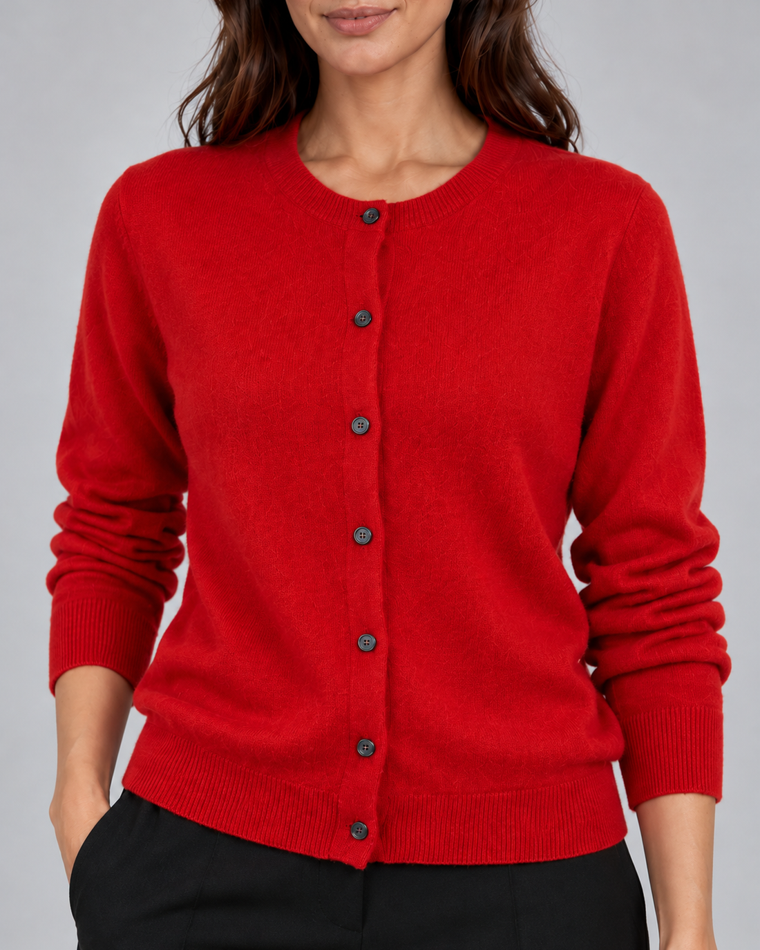 Red women's Merino cardigan, round neckline, button fastening and fine knit detail, grey studio