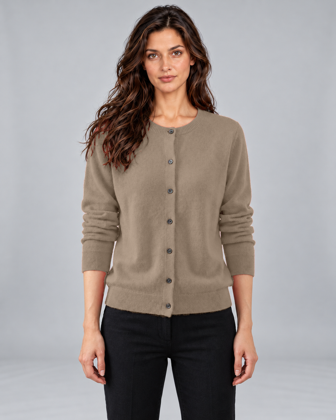 Beige women's Merino cardigan with round neck and button front, Andrea in Urban Devyne studio