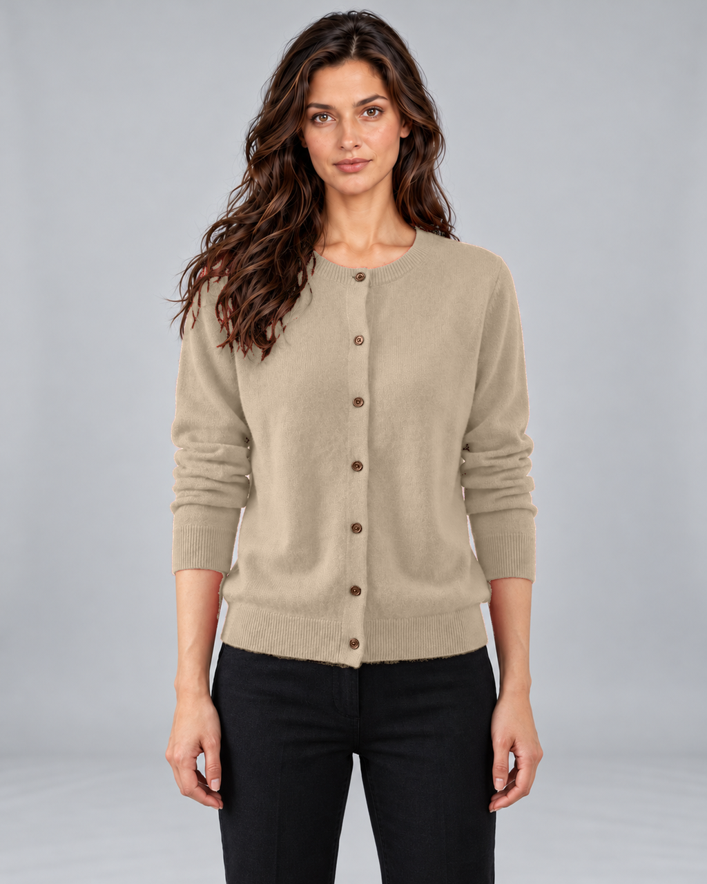 Cream women's Merino cardigan with round neck and button front, Andrea in Urban Devyne studio