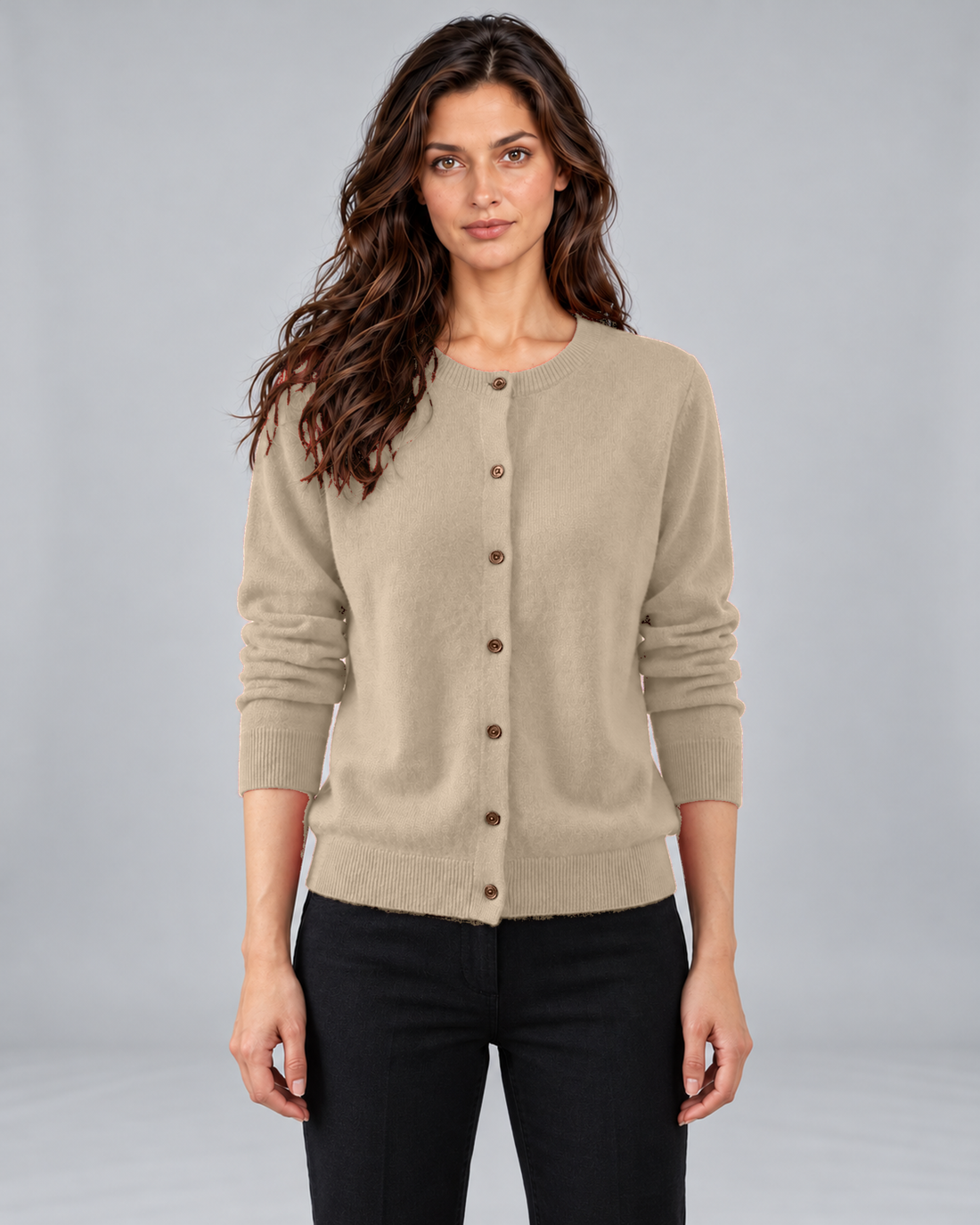 Cream women's Merino cardigan with round neck and button front, Andrea in Urban Devyne studio