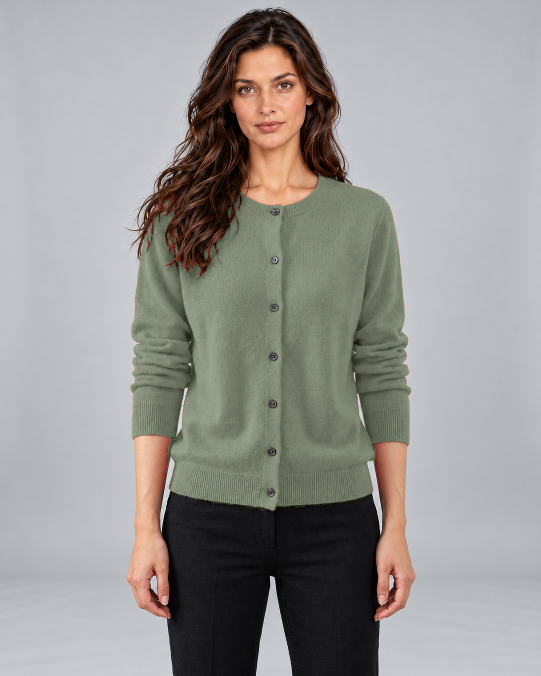 Green women's Merino cardigan with round neck and button front, Andrea in Urban Devyne studio
