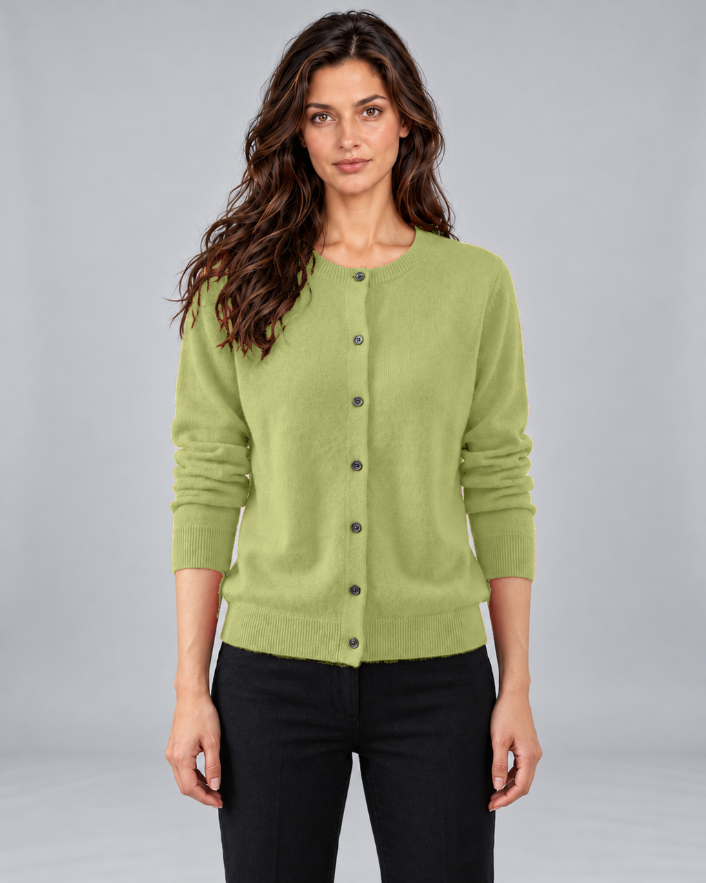 Lime women's Merino cardigan with round neck and button front, Andrea in Urban Devyne studio