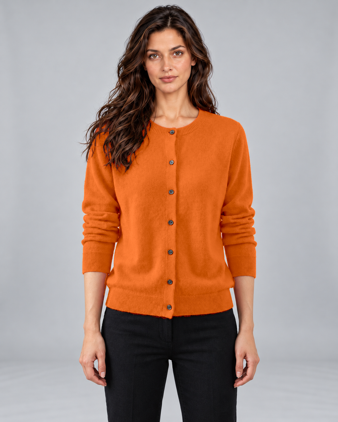 Orange women's Merino cardigan with round neck and button front, Andrea in Urban Devyne studio