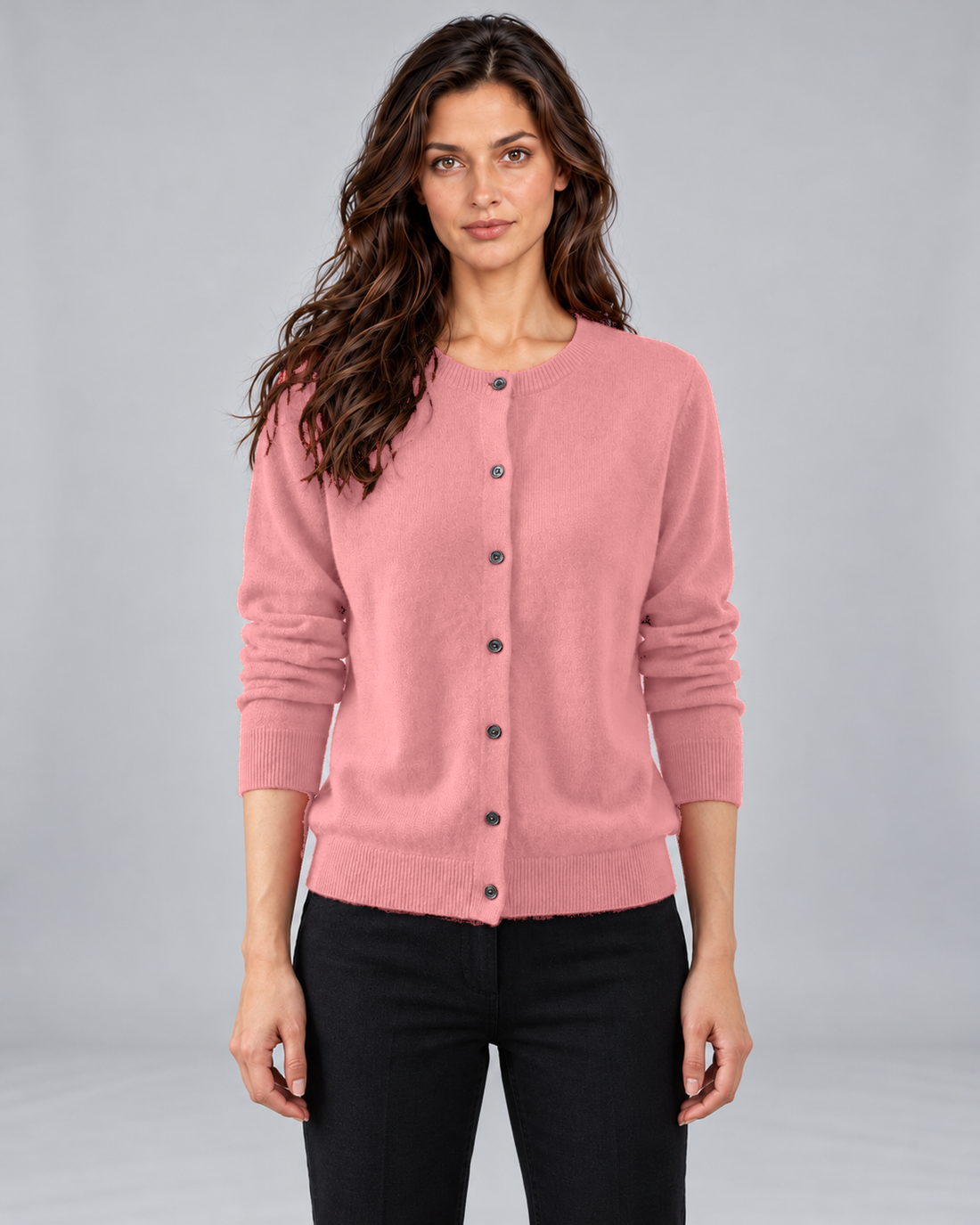 Pink women's Merino cardigan with round neck and button front, Andrea in Urban Devyne studio