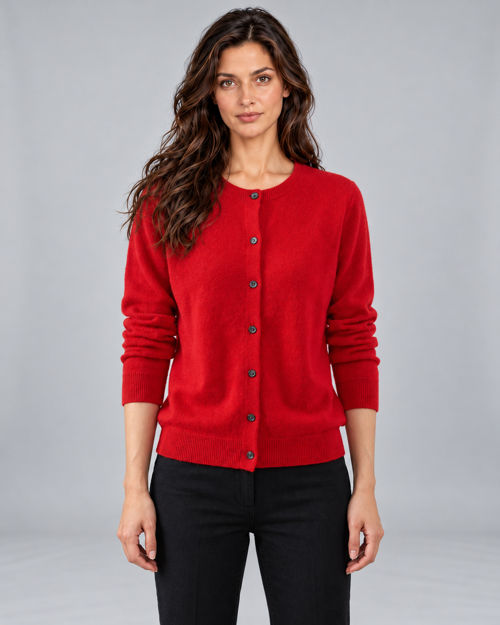 Red Women's Merino Cardigan with Round Neck and Button Front, Andrea in Urban Devyne studio