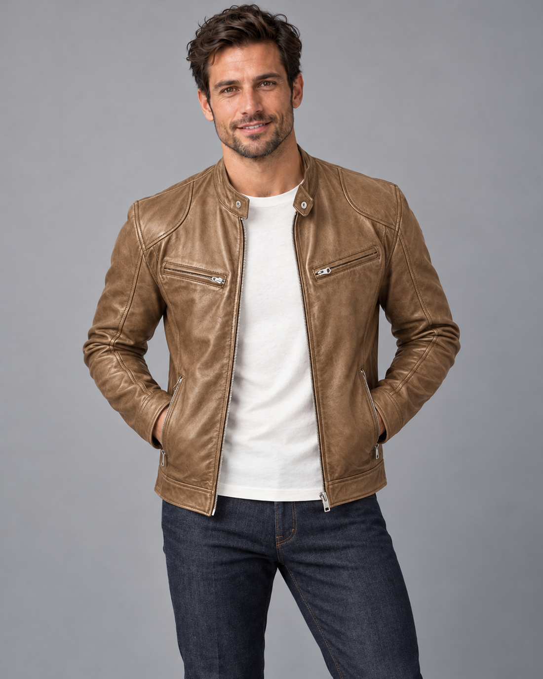Men's Zip-Up Leather Biker Jacket with Stand Collar and Pockets, beige, Male Model A in Urban Devyne studio