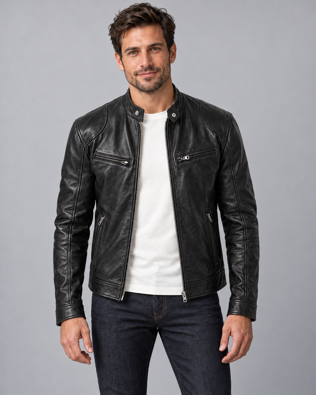 Men's zip-up leather biker jacket in black, front view on Male Model A in the Urban Devyne studio