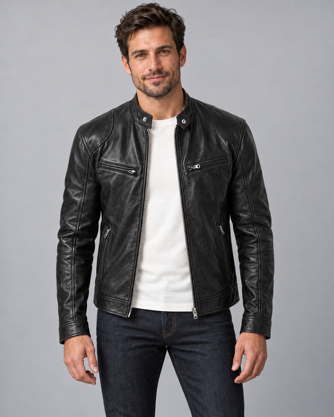 Men's zip-up leather biker jacket in black, front view on Male Model A in the Urban Devyne studio