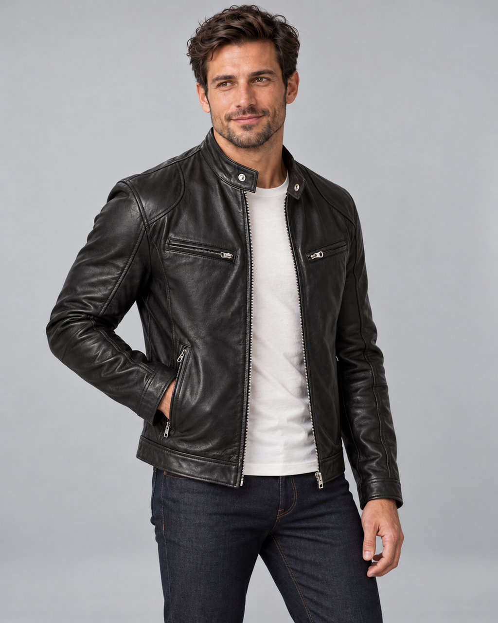 Men's Zip-Up Leather Biker Jacket with Stand Collar and Pockets, black-angle, Male Model A in Urban Devyne studio