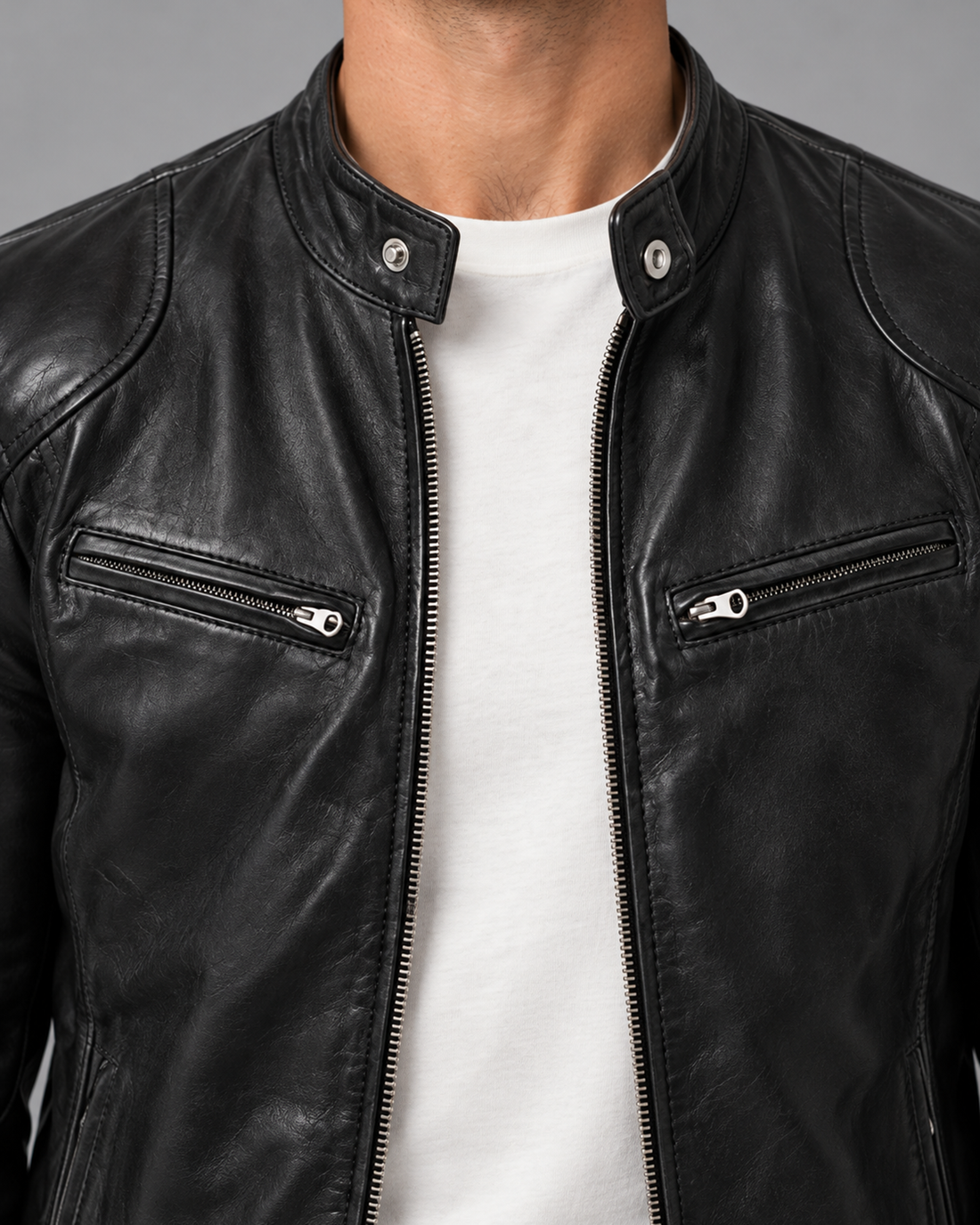 Men's Zip-Up Leather Biker Jacket with Stand Collar and Pockets, black-detail, Male Model A in Urban Devyne studio