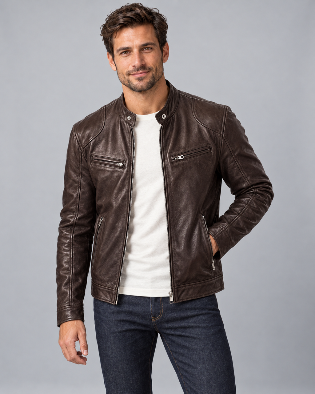 Men's Zip-Up Leather Biker Jacket with Stand Collar and Pockets, brown, Male Model A in Urban Devyne studio