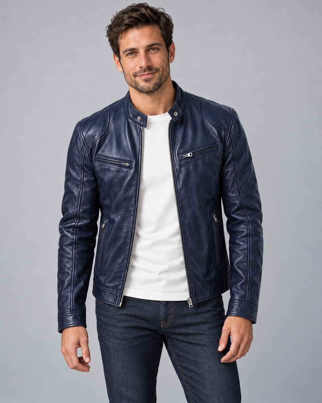 Men's Zip-Up Leather Biker Jacket with Stand Collar and Pockets, dark-blue, Male Model A in Urban Devyne studio
