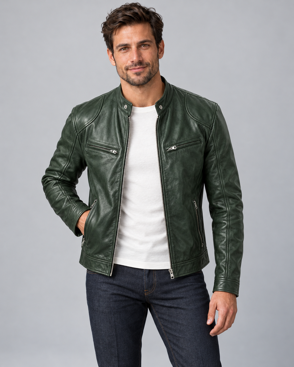 Men's Zip-Up Leather Biker Jacket with Stand Collar and Pockets, dark-green, Male Model A in Urban Devyne studio