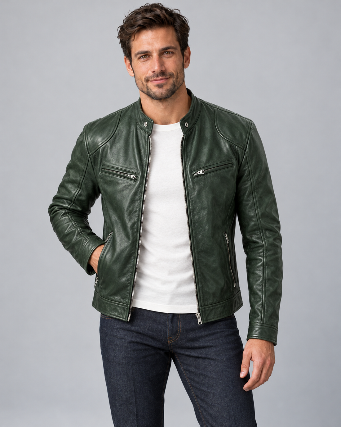 Men's Zip-Up Leather Biker Jacket with Stand Collar and Pockets, dark-green, Male Model A in Urban Devyne studio