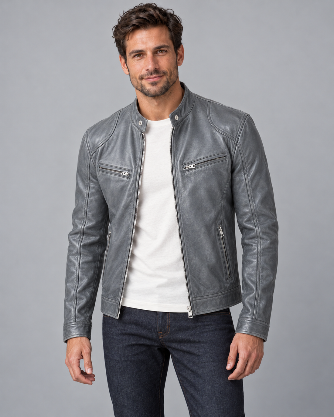 Men's Zip-Up Leather Biker Jacket with Stand Collar and Pockets, grey, Male Model A in Urban Devyne studio