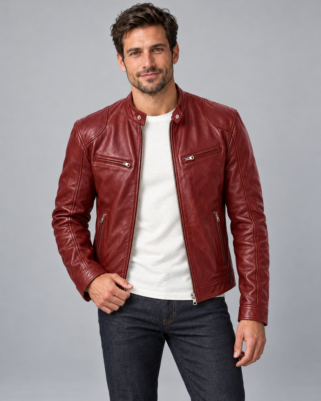 Men's Zip-Up Leather Biker Jacket with Stand Collar and Pockets, red, Male Model A in Urban Devyne studio