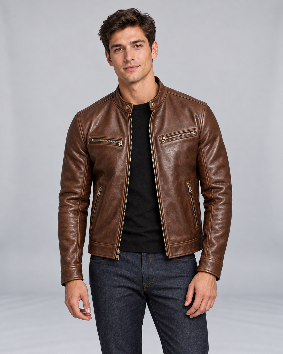 Men's Vintage Leather Jacket with Zip Pockets and Stand Collar – Cigar Brown front on Male Model B in Urban Devyne studio
