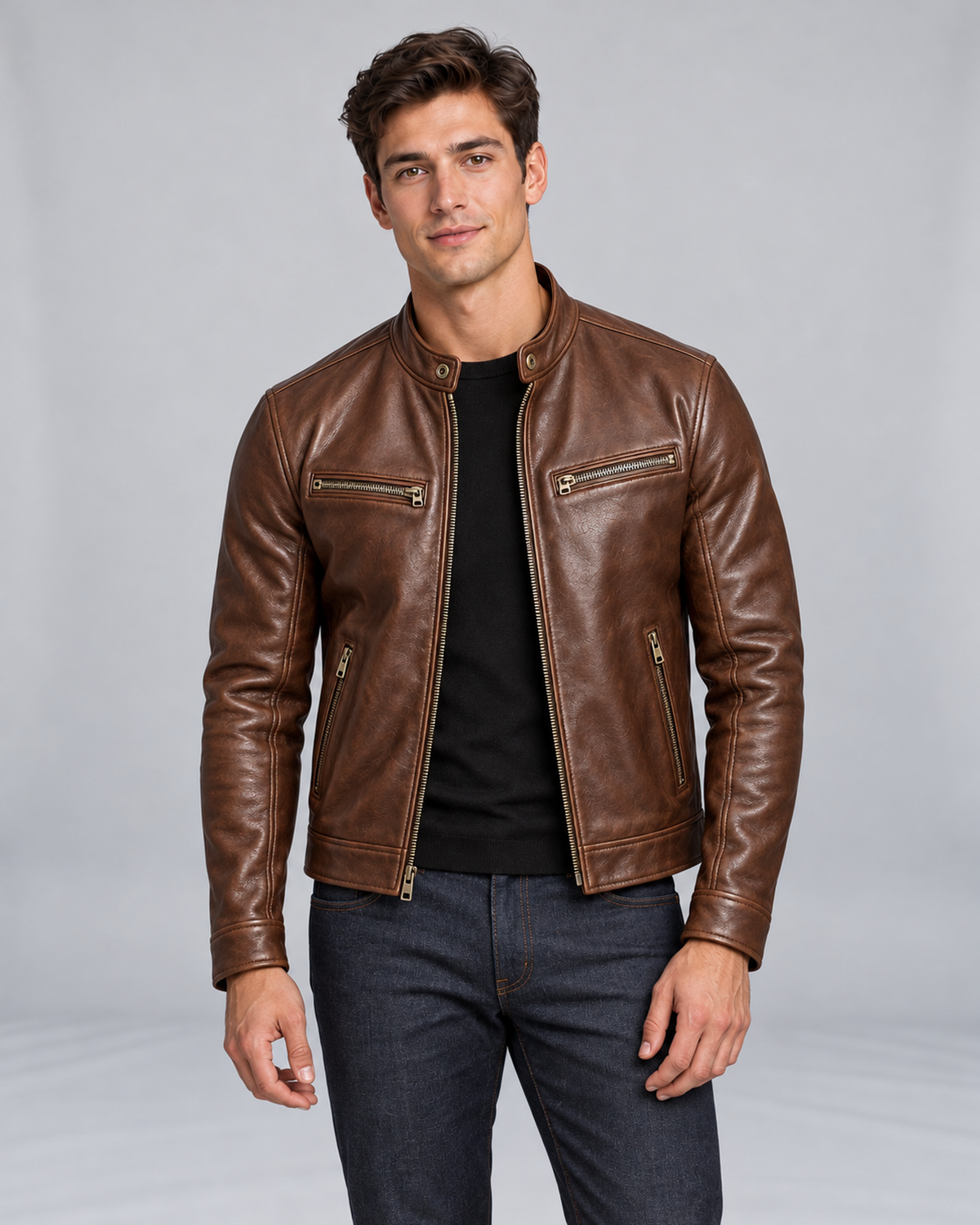 Men's Vintage Leather Jacket with Zip Pockets and Stand Collar – Cigar Brown front on Male Model B in Urban Devyne studio